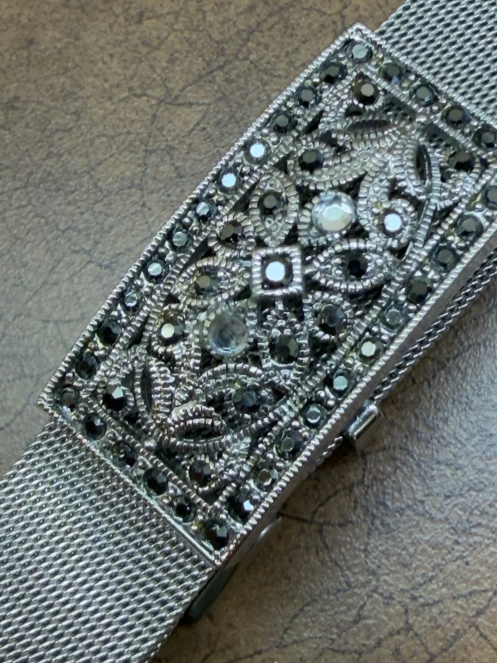 Silver Mesh Bracelet with Filigree and Rhinestone Accent